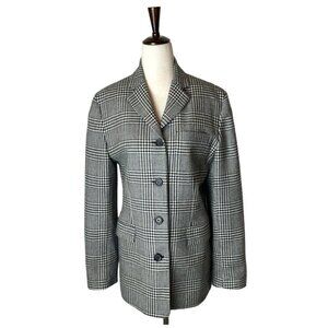 Ann‎ Taylor Blazer Women 6 Black White Plaid Wool Single Breasted 4 Button Close